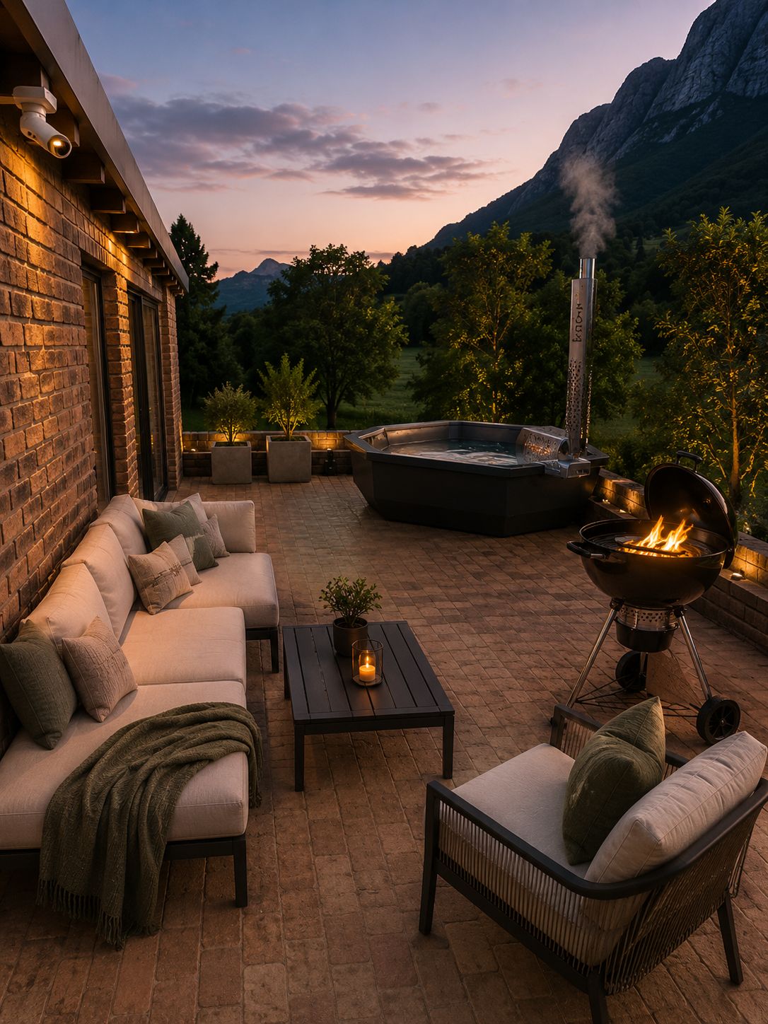 Sunset terrace with a wood-fired hot tub and mountain views