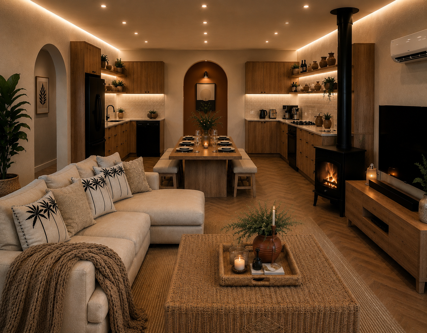 Open-plan kitchen and living room glowing in the evening